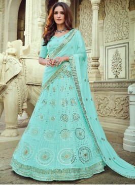 Hypnotic Faux Georgette Sequins Aqua Blue Lehenga 