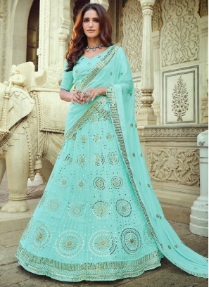 Hypnotic Faux Georgette Sequins Aqua Blue Lehenga Choli