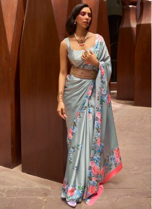 Hypnotic Floral Print Blue Trendy Saree