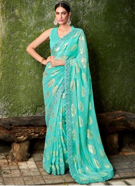 Hypnotic Foil Print Turquoise Contemporary Style Saree