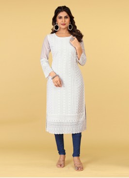 Hypnotic Georgette White Embroidered Casual Kurti