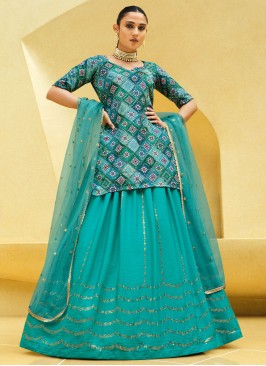 Hypnotic Silk Sequins Turquoise Long Choli Lehenga