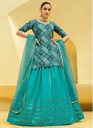 Hypnotic Silk Sequins Turquoise Long Choli Lehenga