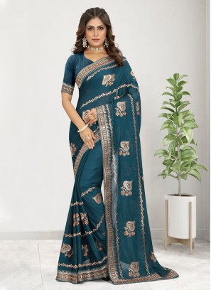 Hypnotic Teal Resham Chiffon Satin Designer Saree