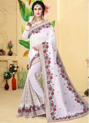 Hypnotic Zari White Georgette Designer Saree