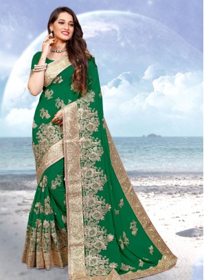 Hypnotizing Embroidered Green Georgette Contemporary Saree