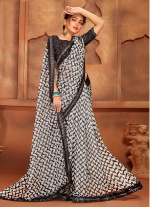 Hypnotizing Net Black Digital Print Classic Saree