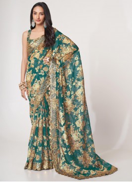 Hypnotizing Organza Teal Trendy Saree