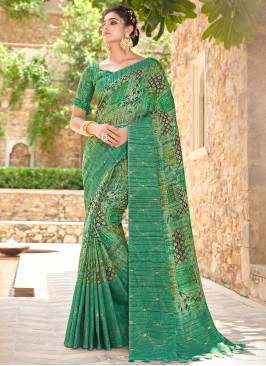 Hypnotizing Printed Turquoise Silk Contemporary Style Saree