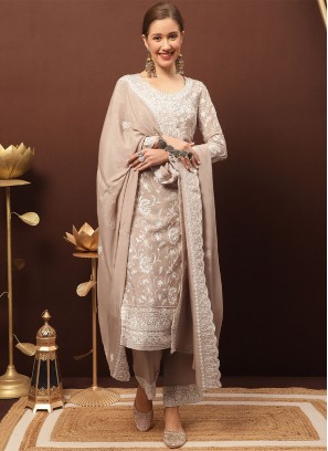 Ideal Brown Chinon Long Length Salwar Kameez