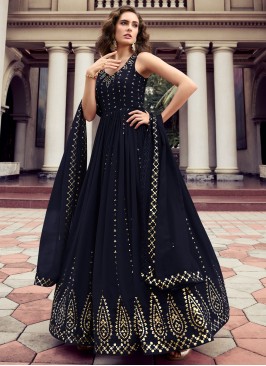 Ideal Embroidered Navy Blue Georgette Gown 