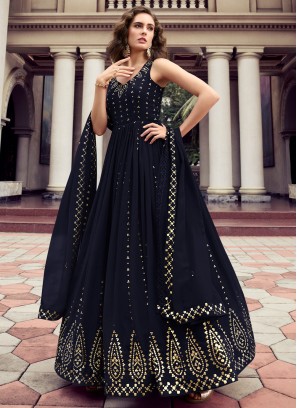 Ideal Embroidered Navy Blue Georgette Gown 