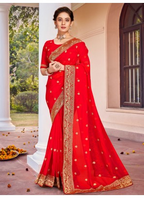 Ideal Embroidered Red Georgette Saree