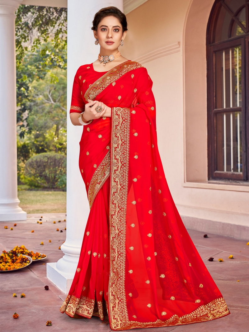 Ideal Embroidered Red Georgette Saree