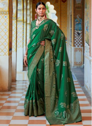 Ideal Green Foil Print Silk Saree