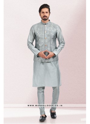Imbue Grey Digital Printed Art Silk Wedding Wear Nehru Jacket set