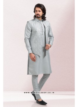 Imbue Grey Thread & Sequins Work Art Silk Wedding Wear Nehru Jacket set