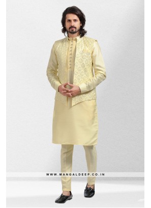 Imbue Yellow Thread & Sequins Work Art Silk Wedding Wear Nehru Jacket set