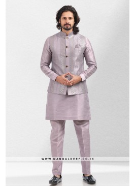 Imbue Light Purple Thread & Sequins Work Art Silk Wedding Wear Nehru Jacket set