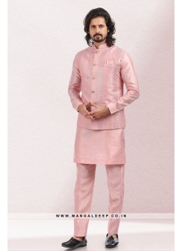 Imbue Pink Thread & Sequins Work Art Silk Wedding Wear Nehru Jacket set