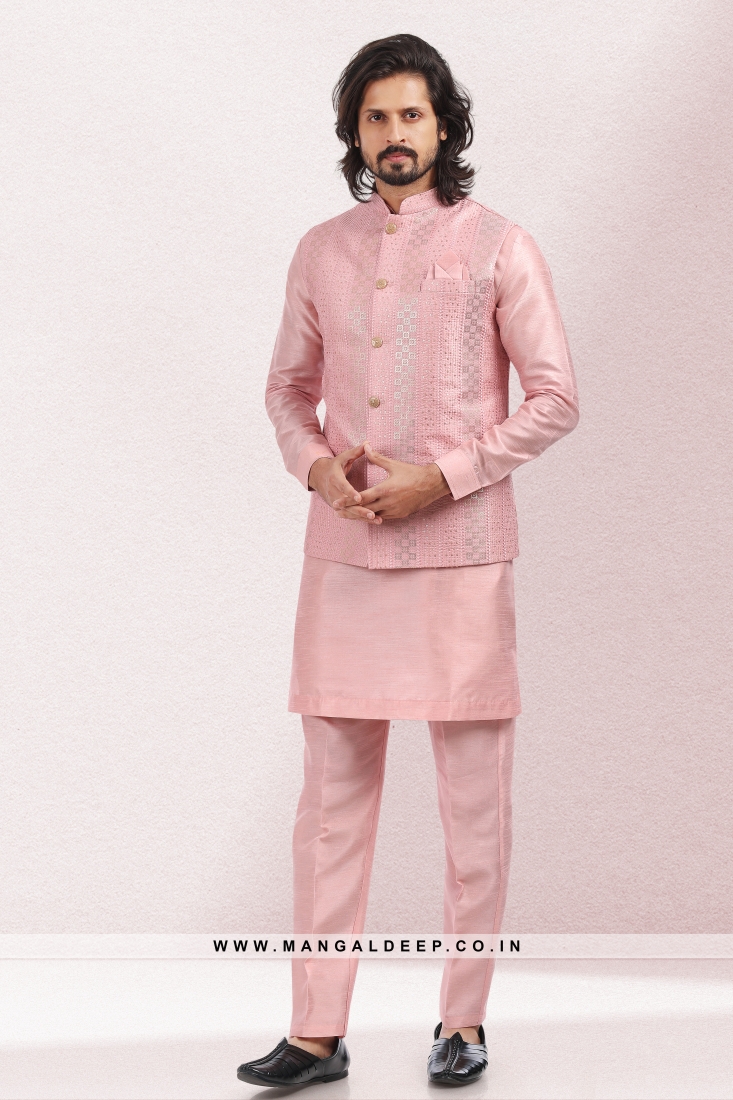 Imbue Pink Thread & Sequins Work Art Silk Wedding Wear Nehru Jacket set