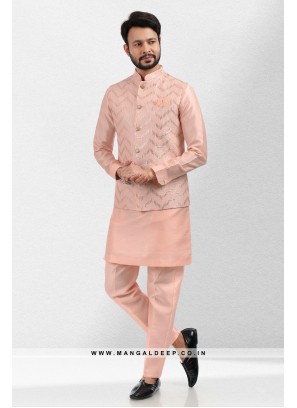 Imbue Peach Thread & Sequins Work Art Silk Wedding Wear Nehru Jacket set