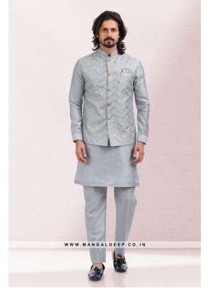 Imbue Grey Thread & Sequins Work Art Silk Wedding Wear Nehru Jacket set