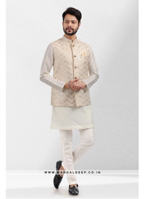 Imbue Cream Thread & Sequins Work Art Silk Wedding Wear Nehru Jacket set