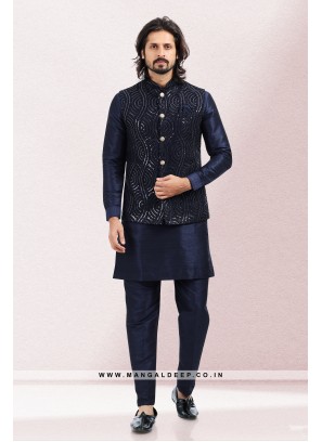 Imbue Blue Thread & Sequins Work Art Silk Wedding Wear Nehru Jacket set