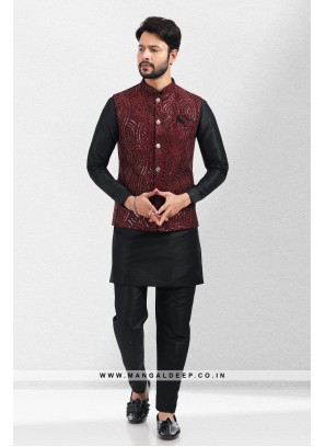Imbue Wine Thread & Sequins Work Art Silk Wedding Wear Nehru Jacket set