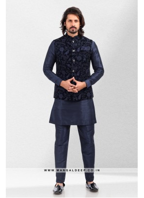 Imbue Blue Thread & Sequins Work Art Silk Wedding Wear Nehru Jacket set