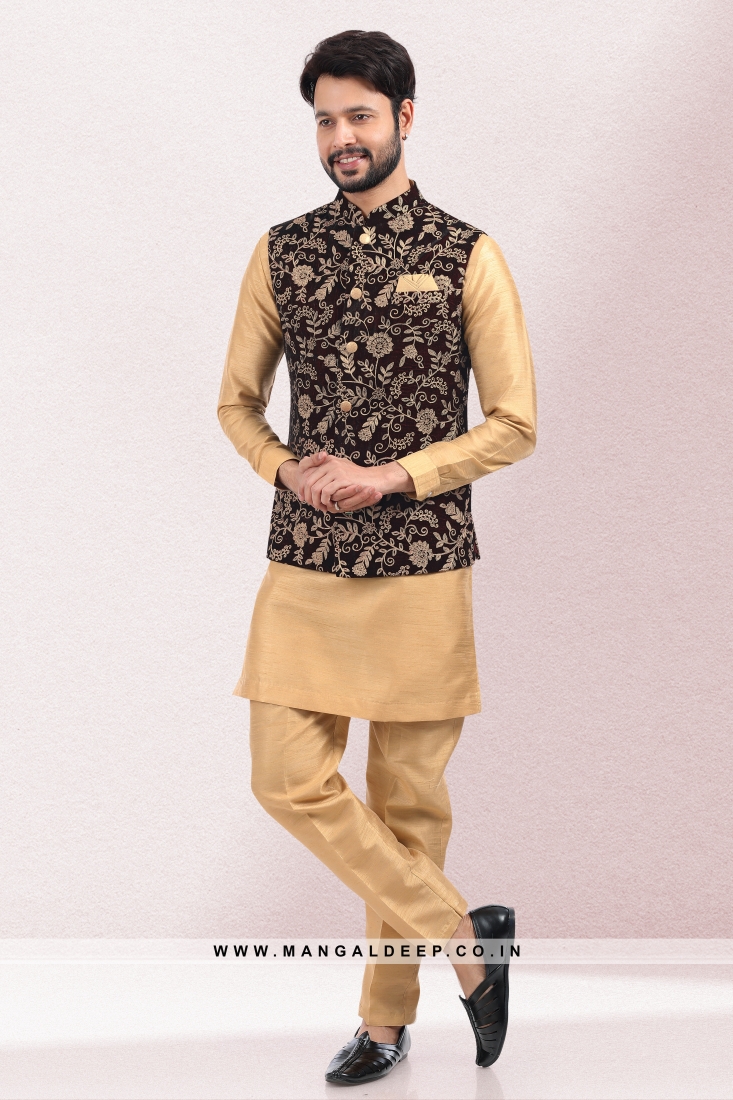 ANUJ AND RISHINA|Mustard Lycra Satin Embroidered Nehru Jacket Set|Pernia's  Pop-Up Shop Men | Nehru jackets, Mustard jacket, Satin jackets