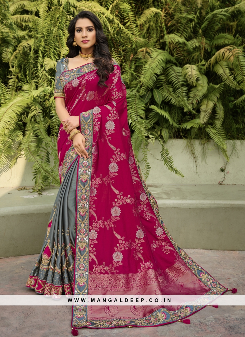 Hot Red And Green Mirror Work Party Wear Half N Half Saree. «  onlineshoppingforwedding