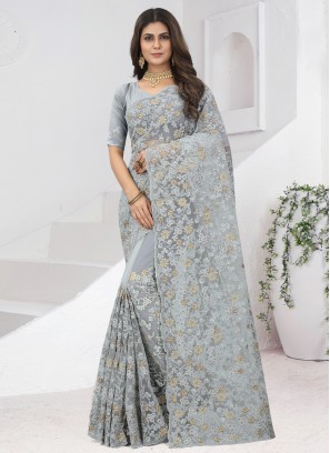 Immaculate Embroidered Net Grey Trendy Saree