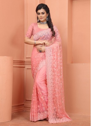 Immaculate Pearls Peach Net Contemporary Saree