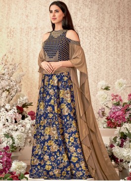 Immaculate Velvet Blue Embroidered Trendy Lehenga Choli