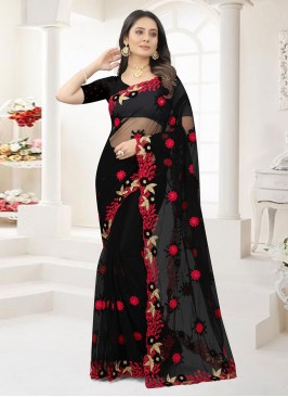 Impeccable Black Embroidered Net Designer Saree