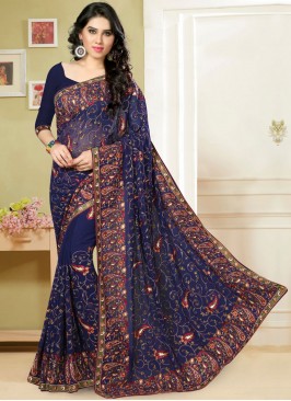 Impeccable Georgette Resham Navy Blue Classic Saree