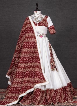 Impeccable Maroon and White Cotton Designer Leheng