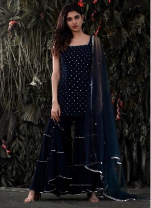 Impeccable Navy Blue Designer Palazzo Suit