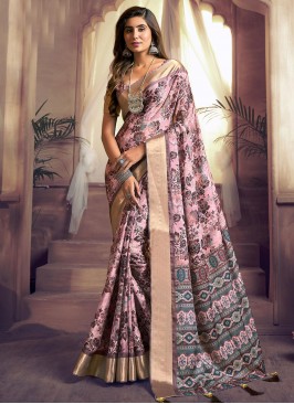 Impeccable Printed Giccha Silk Pink Designer Saree