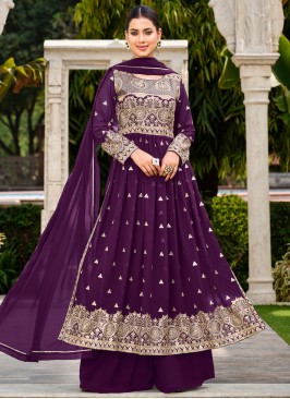 Imperial Embroidered Faux Georgette Purple Readymade Salwar Kameez