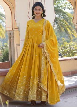 Imperial Faux Georgette Yellow Embroidered Trendy 