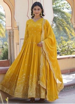 Imperial Faux Georgette Yellow Embroidered Trendy Gown