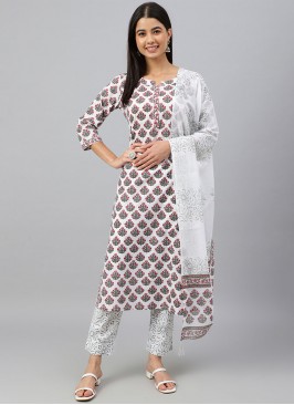 Imperial Floral Print White Cotton Pant Style Suit