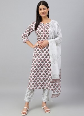 Imperial Floral Print White Cotton Pant Style Suit