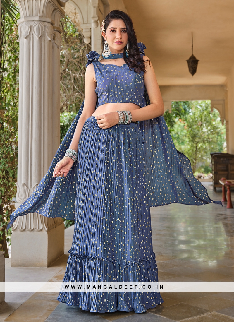 Peacock Blue Short Frock Top With Sequence Work Ruffle Sharara