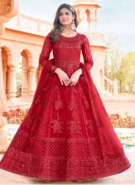 Imperial Red Embroidered Net Anarkali Salwar Kameez