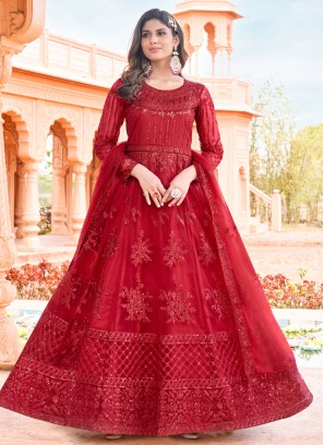 Imperial Red Embroidered Net Anarkali Salwar Kameez