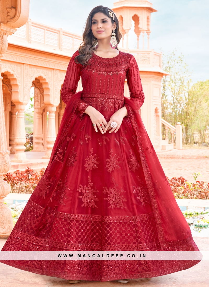Imperial Red Embroidered Net Anarkali Salwar Kameez